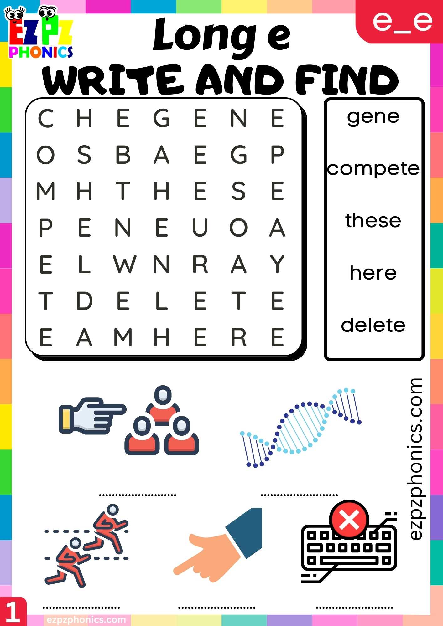 E_E Words Write And Find Long E Phonics Worksheet